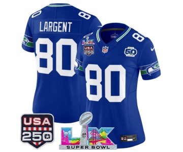 Women's Seattle Seahawks #80 Steve Largent Royal 2025 F.U.S.E. Super Bowl LX Patch And 50th Season & USA 250' Patch Vapor Throwback Limited Stitched Footba