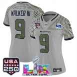 Women's Seattle Seahawks #9 Kenneth Walker III Gray 2025 F.U.S.E. Super Bowl LX & US 250th anniversary Patch And 50th Season Patch “Rivalries” Vapor Limite