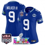 Women's Seattle Seahawks #9 Kenneth Walker III Royal 2025 F.U.S.E. Super Bowl LX Patch And 50th Season & USA 250' Patch Vapor Throwback Limited Stitched Fo