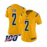 Women's Los Angeles Chargers #2 Easton Stick Limited Gold Inverted Legend 100th Season Football Jersey