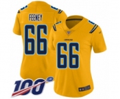 Women's Los Angeles Chargers #66 Dan Feeney Limited Gold Inverted Legend 100th Season Football Jersey