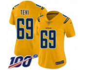 Women's Los Angeles Chargers #69 Sam Tevi Limited Gold Inverted Legend 100th Season Football Jersey