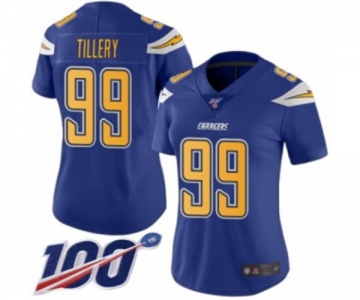 Women's Los Angeles Chargers #99 Jerry Tillery Limited Electric Blue Rush Vapor Untouchable 100th Season Football Jersey