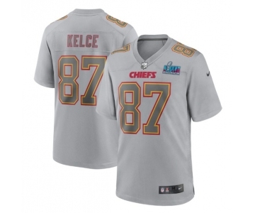 Men's Kansas City Chiefs #87 Travis Kelce Gray Super Bowl LVII Patch Atmosphere Fashion Stitched Game Jersey