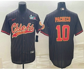 Men's Kansas City Chiefs #10 Isiah Pacheco Black Pinstripe With Super Bowl LVII Patch Cool Base Stitched Baseball Jersey