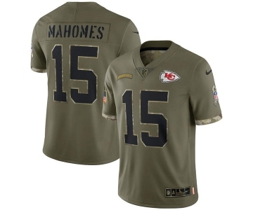 Men's Kansas City Chiefs #15 Patrick Mahomes 2022 Olive Salute To Service Limited Stitched Jersey