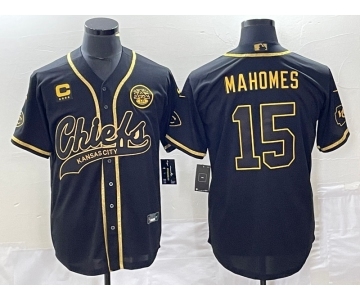 Men's Kansas City Chiefs #15 Patrick Mahomes Black Gold C Patch Cool Base Stitched Baseball Jersey