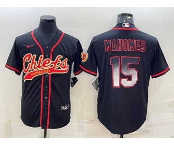 Men's Kansas City Chiefs #15 Patrick Mahomes Black Gold With Patch Smoke Cool Base Stitched Baseball Jersey