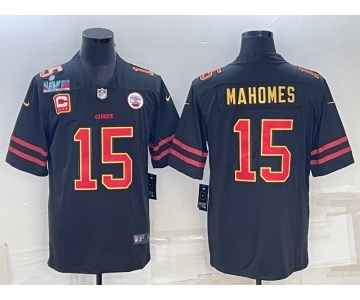 Men’s Kansas City Chiefs #15 Patrick Mahomes Black Red Gold Super Bowl LVII Patch And 4-star C Patch Vapor Untouchable Limited Stitched Jersey