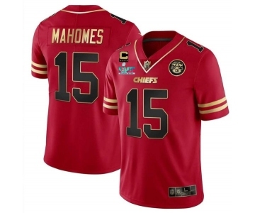 Men’s Kansas City Chiefs #15 Patrick Mahomes Red Gold Super Bowl LVII Patch And 4-star C Patch Vapor Untouchable Limited Stitched Jersey