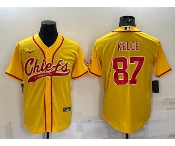 Men's Kansas City Chiefs #87 Travis Kelce Gold With Patch Cool Base Stitched Baseball Jersey