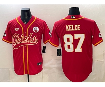 Men's Kansas City Chiefs #87 Travis Kelce Red With NKH Patch Cool Base Stitched Baseball Jersey