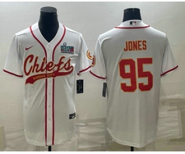 Men's Kansas City Chiefs #95 Chris Jones White With Super Bowl LVII Patch Cool Base Stitched Baseball Jersey