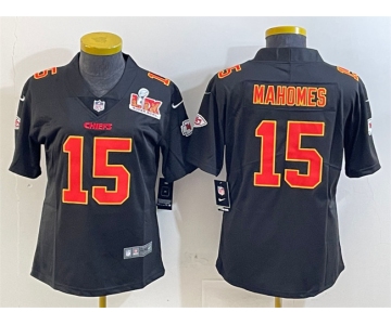 Women's Kansas City Chiefs #15 Patrick Mahomes Black 2025 Super Bowl LIX Patch Vapor Untouchable Limited Stitched Football Jersey