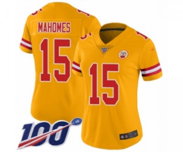 Women's Kansas City Chiefs #15 Patrick Mahomes II Limited Gold Inverted Legend 100th Season Football Jersey