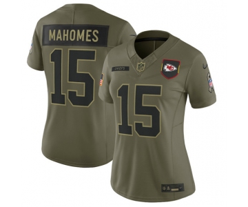 Women's Kansas City Chiefs #15 Patrick Mahomes Olive 2025 Salute to Service Limited Stitched Jersey