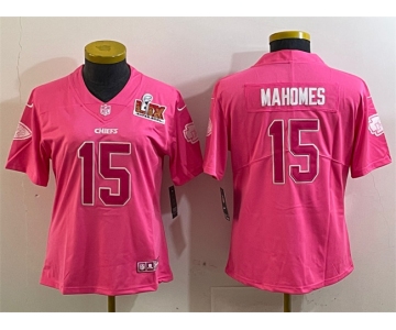 Women's Kansas City Chiefs #15 Patrick Mahomes Pink 2025 Super Bowl LIX Patch Vapor Untouchable Limited Stitched Football Jersey