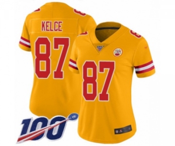 Women's Kansas City Chiefs #87 Travis Kelce Limited Gold Inverted Legend 100th Season Football Jersey