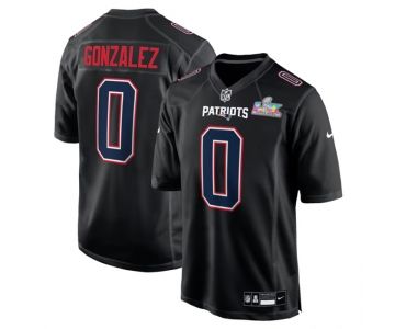 Men's New England Patriots #0 Christian Gonzalez Black 2025 Super Bowl LX Patch Carbon Fashion Stitched Game Jersey