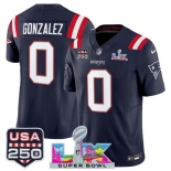 Men's New England Patriots #0 Christian Gonzalez Navy 2025 F.U.S.E. Super Bowl LX Patch And USA 250' Patch Vapor Limited Football Stitched Jersey