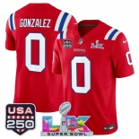 Men's New England Patriots #0 Christian Gonzalez Red 2025 F.U.S.E. Super Bowl LX Patch And USA 250' Patch Vapor Limited Football Stitched Jersey