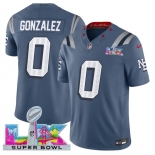 Men's New England Patriots #0 Christian Gonzalez Storm Blue 2025 F.U.S.E. Super Bowl LX Patch “Rivalries” Vapor Limited Football Stitched Jersey