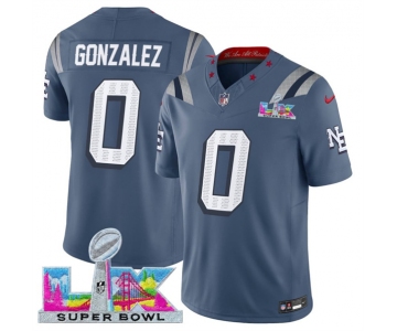 Men's New England Patriots #0 Christian Gonzalez Storm Blue 2025 F.U.S.E. Super Bowl LX Patch “Rivalries” Vapor Limited Football Stitched Jersey