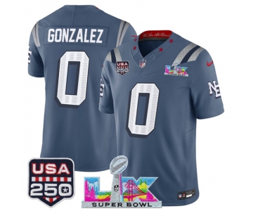 Men's New England Patriots #0 Christian Gonzalez Storm Blue 2025 F.U.S.E. Super Bowl LX & USA 250' Patch “Rivalries” Vapor Limited Football Stitched Jersey