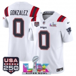 Men's New England Patriots #0 Christian Gonzalez White 2025 F.U.S.E. Super Bowl LX Patch And USA 250' Patch Vapor Limited Football Stitched Jersey