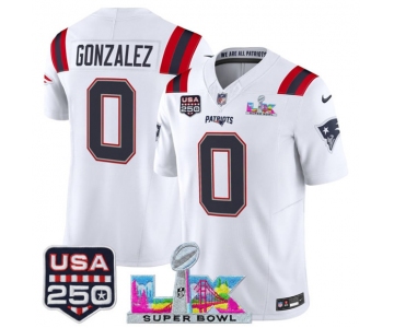 Men's New England Patriots #0 Christian Gonzalez White 2025 F.U.S.E. Super Bowl LX Patch And USA 250' Patch Vapor Limited Football Stitched Jersey