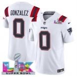 Men's New England Patriots #0 Christian Gonzalez White 2025 F.U.S.E. Super Bowl LX Patch Vapor Limited Football Stitched Jersey