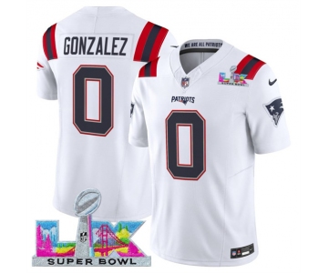 Men's New England Patriots #0 Christian Gonzalez White 2025 F.U.S.E. Super Bowl LX Patch Vapor Limited Football Stitched Jersey