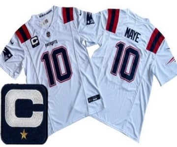 Men's New England Patriots #10 Drake Maye Limited White Captain Patch FUSE Vapor Jersey