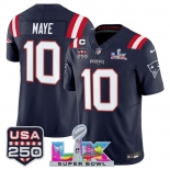 Men's New England Patriots #10 Drake Maye Navy 2025 F.U.S.E. 1-Star C Patch And Super Bowl LX Patch & USA 250' Patch Vapor Limited Football Stitched Jersey
