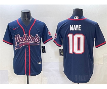 Men's New England Patriots #10 Drake Maye Navy With Path Cool Base Stitched Baseball Jersey
