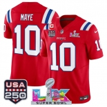 Men's New England Patriots #10 Drake Maye Red 2025 F.U.S.E. 1-Star C Patch And Super Bowl LX Patch & USA 250' Patch Vapor Limited Football Stitched Jersey