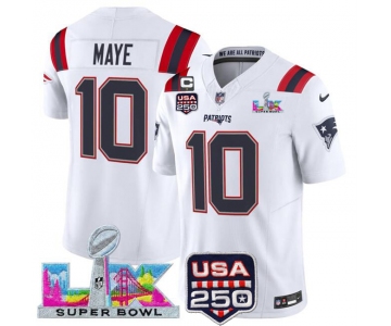 Men's New England Patriots #10 Drake Maye White 2025 F.U.S.E. Super Bowl LX Patch USA 250' Patch Vapor Limited Football Stitched Jersey
