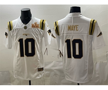 Men's New England Patriots #10 Drake Maye White Gold 2025 F.U.S.E. Super Bowl LX Patch Vapor Limited Stitched Football Jersey
