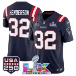 Men's New England Patriots #32 TreVeyon Henderson Navy 2025 F.U.S.E. Super Bowl LX Patch And USA 250' Patch Vapor Limited Football Stitched Jersey