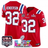 Men's New England Patriots #32 TreVeyon Henderson Red 2025 F.U.S.E. Super Bowl LX Patch And USA 250' Patch Vapor Limited Football Stitched Jersey