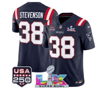 Men's New England Patriots #38 Rhamondre Stevenson Navy 2025 F.U.S.E. Super Bowl LX Patch And USA 250' Patch Vapor Limited Football Stitched Jersey