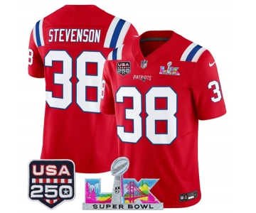 Men's New England Patriots #38 Rhamondre Stevenson Red 2025 F.U.S.E. Super Bowl LX Patch And USA 250' Patch Vapor Limited Football Stitched Jersey
