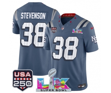 Men's New England Patriots #38 Rhamondre Stevenson Storm Blue 2025 F.U.S.E. Super Bowl LX & USA 250' Patch “Rivalries” Vapor Limited Football Stitched Jers