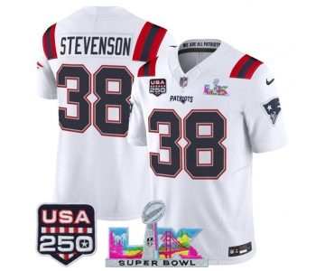 Men's New England Patriots #38 Rhamondre Stevenson White 2025 F.U.S.E. Super Bowl LX Patch And USA 250' Patch Vapor Limited Football Stitched Jersey