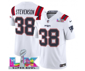 Men's New England Patriots #38 Rhamondre Stevenson White 2025 F.U.S.E. Super Bowl LX Patch Vapor Limited Football Stitched Jersey