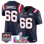 Men's New England Patriots #66 Will Campbell Navy 2025 F.U.S.E. Super Bowl LX Patch And USA 250' Patch Vapor Limited Football Stitched Jersey