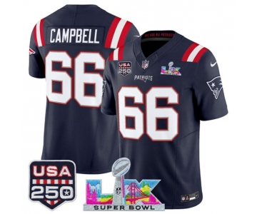 Men's New England Patriots #66 Will Campbell Navy 2025 F.U.S.E. Super Bowl LX Patch And USA 250' Patch Vapor Limited Football Stitched Jersey