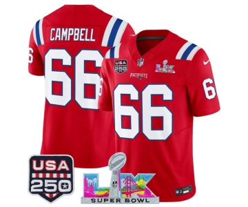 Men's New England Patriots #66 Will Campbell Red 2025 F.U.S.E. Super Bowl LX Patch And USA 250' Patch Vapor Limited Football Stitched Jersey