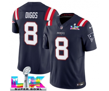 Men's New England Patriots #8 Stefon Diggs Navy 2025 F.U.S.E. Super Bowl LX Patch Vapor Limited Football Stitched Jersey
