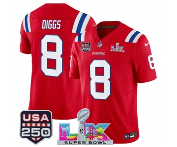 Men's New England Patriots #8 Stefon Diggs Red 2025 F.U.S.E. Super Bowl LX Patch And USA 250' Patch Vapor Limited Football Stitched Jersey